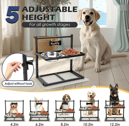 Elevated Dog Bowls with Slow Feeder, 5 Adjustable Heights, Anti-Slip, Durable Metal Frame, Spill Proof Mat, Rust-Resistant Bowls, Easy to Clean