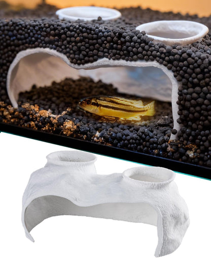 Dual-Entrance Rock-Texture Cave – Fish Tank Shelter & Aquarium Decor with 2 Tunnels, 6×3.4×2.3In (White)