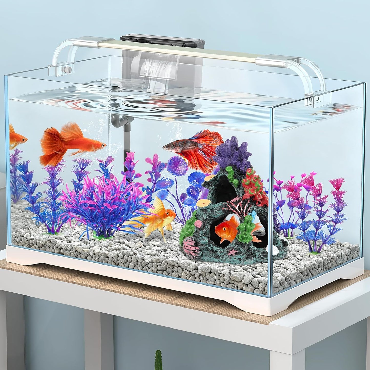 Fish Tank Decorations, 7 Pieces Aquarium Plants Set with Coral Reef Decoration Mountain Cave Ornament for Betta, Goldfish, Shrimp to Breed, Play and Rest (Purple)