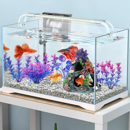 Fish Tank Decorations, 7 Pieces Aquarium Plants Set with Coral Reef Decoration Mountain Cave Ornament for Betta, Goldfish, Shrimp to Breed, Play and Rest (Purple)
