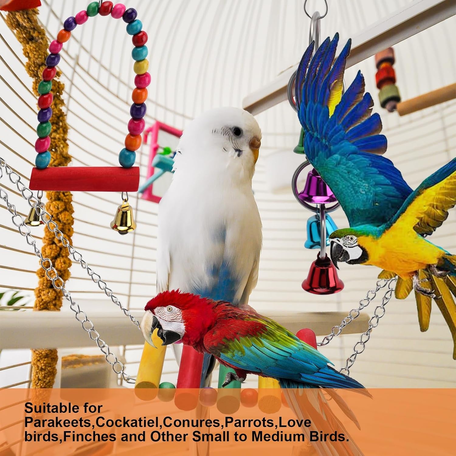 5 in 1 Bird Parakeet Toys, Detachable Birdie Perches Platform Swing with Climbing Ladder, Parrot Cage Stand Accessories, Wooden Playing Gyms for Conure Cockatiel Parrot, Bird Wooden Playground
