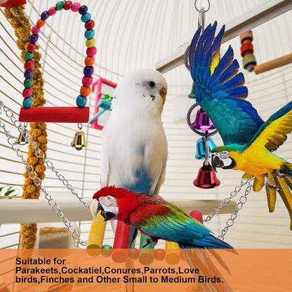 5 in 1 Bird Parakeet Toys, Detachable Birdie Perches Platform Swing with Climbing Ladder, Parrot Cage Stand Accessories, Wooden Playing Gyms for Conure Cockatiel Parrot, Bird Wooden Playground