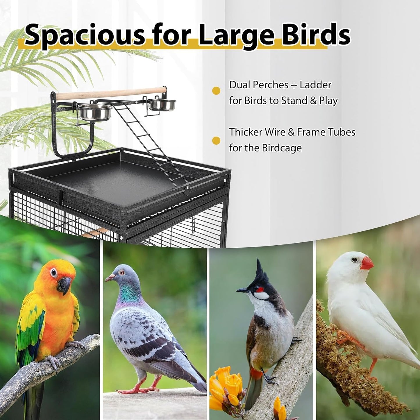 64.4” Large Parrot Cage for Birds, Heavy Duty Metal Aviary with Acrylic Door, Stainless Steel Bowls, 360° Wheels & Play Top for Cockatoos, African Greys (Black)