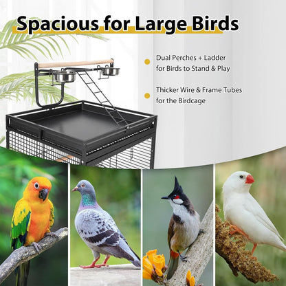 64.4” Large Parrot Cage for Birds, Heavy Duty Metal Aviary with Acrylic Door, Stainless Steel Bowls, 360° Wheels & Play Top for Cockatoos, African Greys (Black)