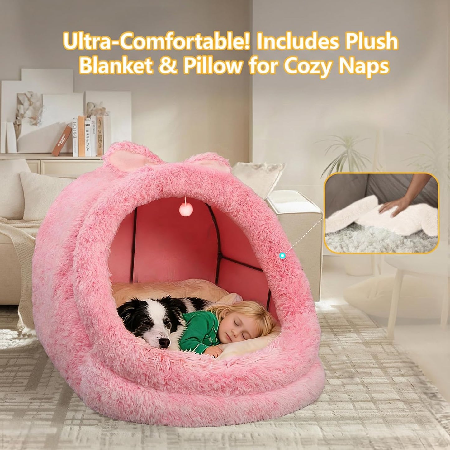XXL Human Size Dog Bed 55"X43"X35" | Extra Large Human Size Pet Bed, Removable Pillow & Blanket Included, Machine Washable, Grey, for Adults & Pets
