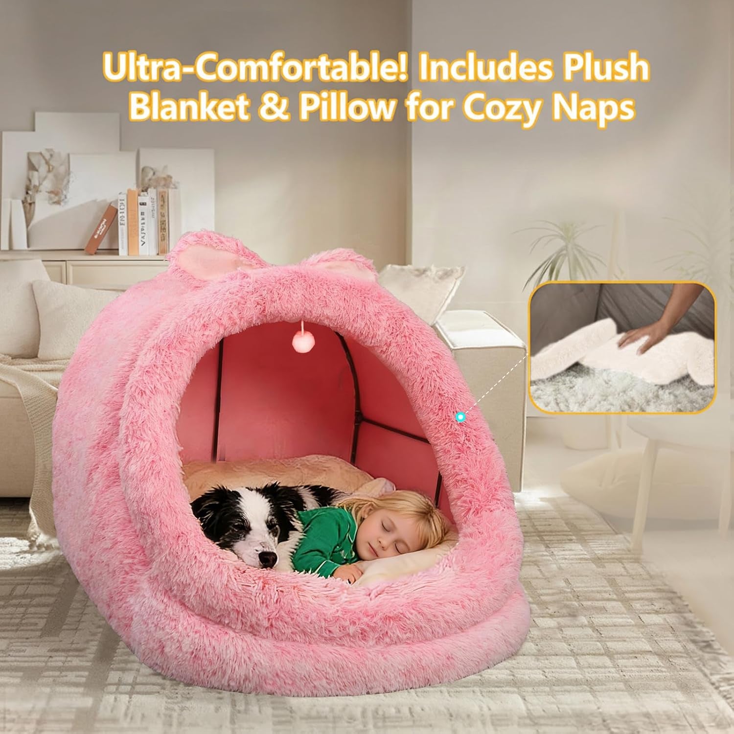 XXL Human Size Dog Bed 55"X43"X35" | Extra Large Human Size Pet Bed, Removable Pillow & Blanket Included, Machine Washable, Grey, for Adults & Pets