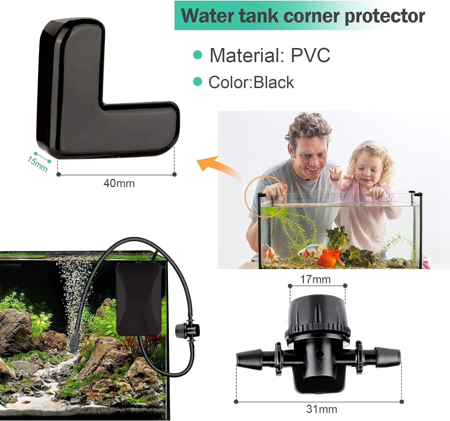26.6 Feet Black Aquarium Soft Airline Tubing Hose Standard with 4 Air Stones,4 Air Value Controller,4 Check Valves, 6 Suction Cups and 16 in Total for I,L,T,Y Shape Connectors