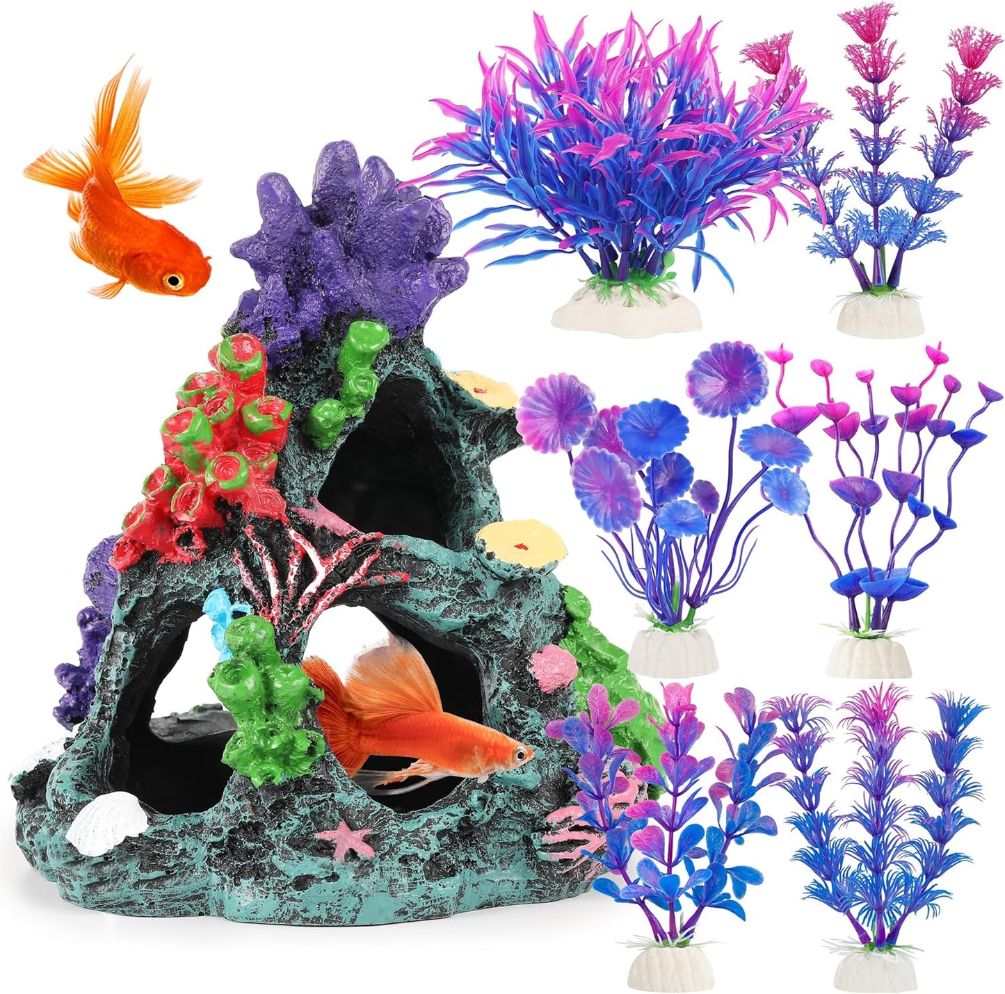 Fish Tank Decorations, 7 Pieces Aquarium Plants Set with Coral Reef Decoration Mountain Cave Ornament for Betta, Goldfish, Shrimp to Breed, Play and Rest (Purple)