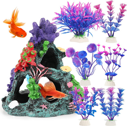 Fish Tank Decorations, 7 Pieces Aquarium Plants Set with Coral Reef Decoration Mountain Cave Ornament for Betta, Goldfish, Shrimp to Breed, Play and Rest (Purple)