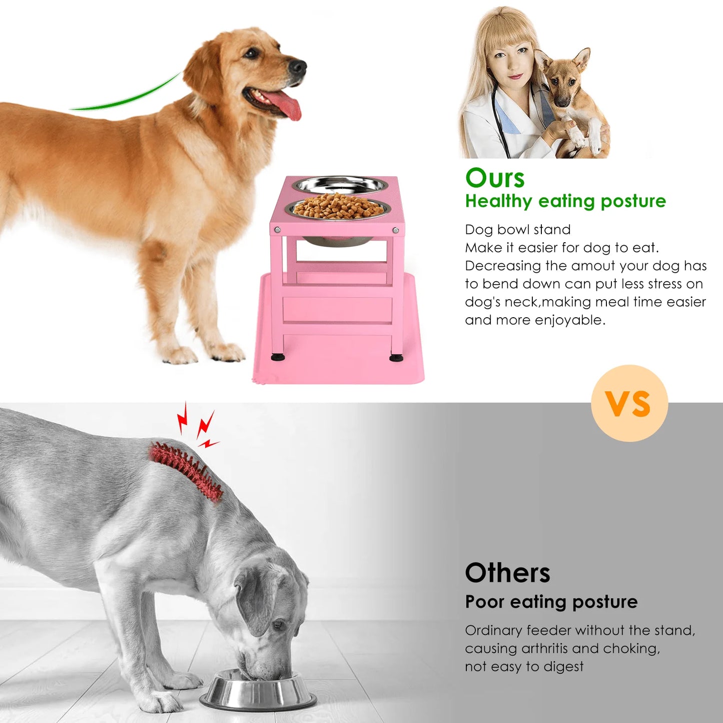 Pink Metal Raised Dog Bowl Stand for Large Dogs, Stronger Elevated Dog Bowls with Sprill Proof Mat, Dog Food & Water Bowls 10In Tall Dog Feeder (42Oz-Stainless Steel Dog Bowls, Mat-12X19 In)