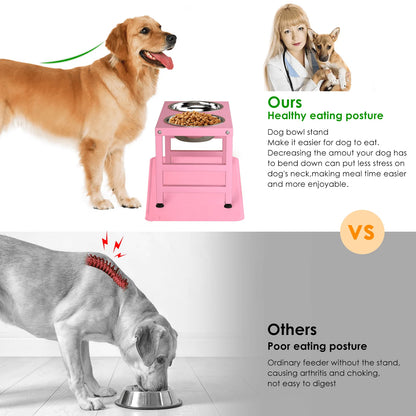Pink Metal Raised Dog Bowl Stand for Large Dogs, Stronger Elevated Dog Bowls with Sprill Proof Mat, Dog Food & Water Bowls 10In Tall Dog Feeder (42Oz-Stainless Steel Dog Bowls, Mat-12X19 In)