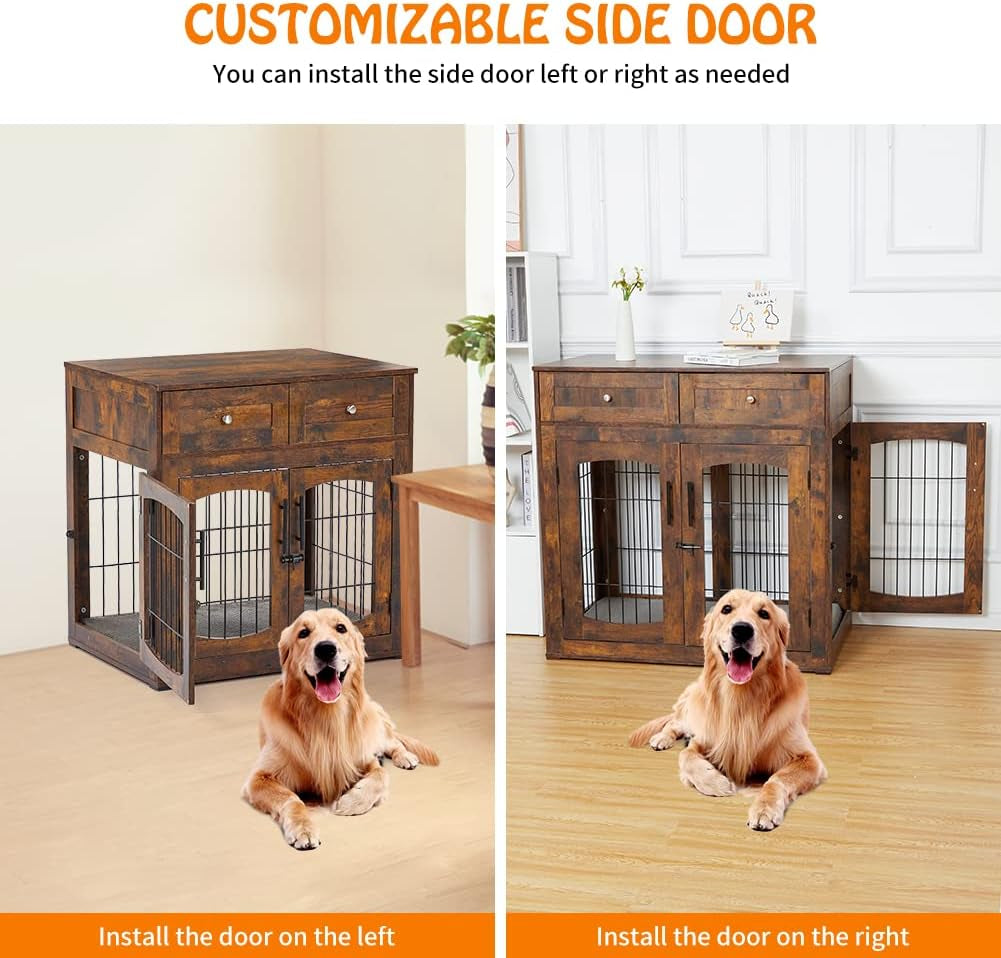 Dog Crate Furniture with Double Drawers, Wooden End Table Dog Kennel, Furniture Style Wood House Crate for Large Dogs, Decorative Dog Crate with Storage for Large Breed, 40 Inch Retro