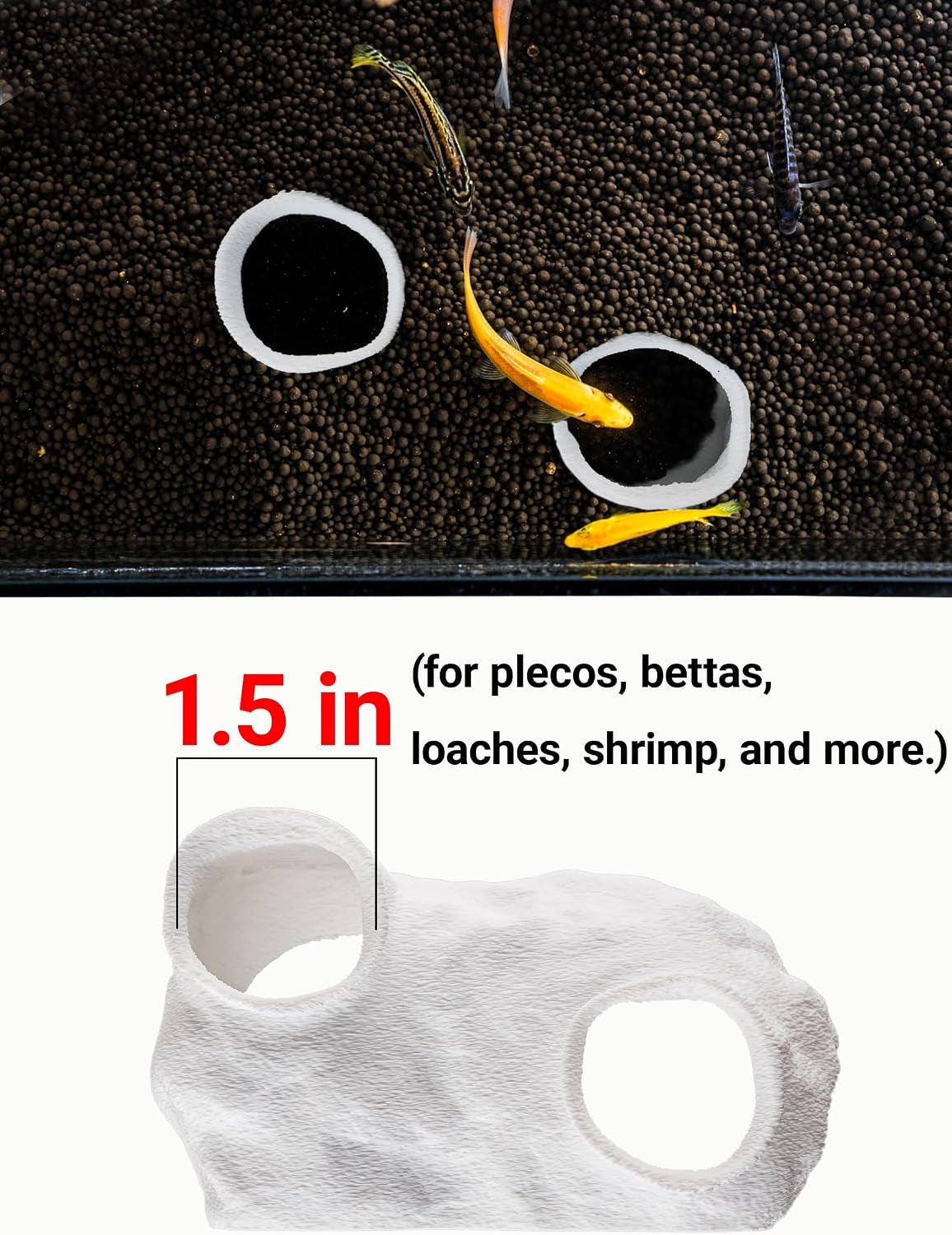 Dual-Entrance Rock-Texture Cave – Fish Tank Shelter & Aquarium Decor with 2 Tunnels, 6×3.4×2.3In (White)