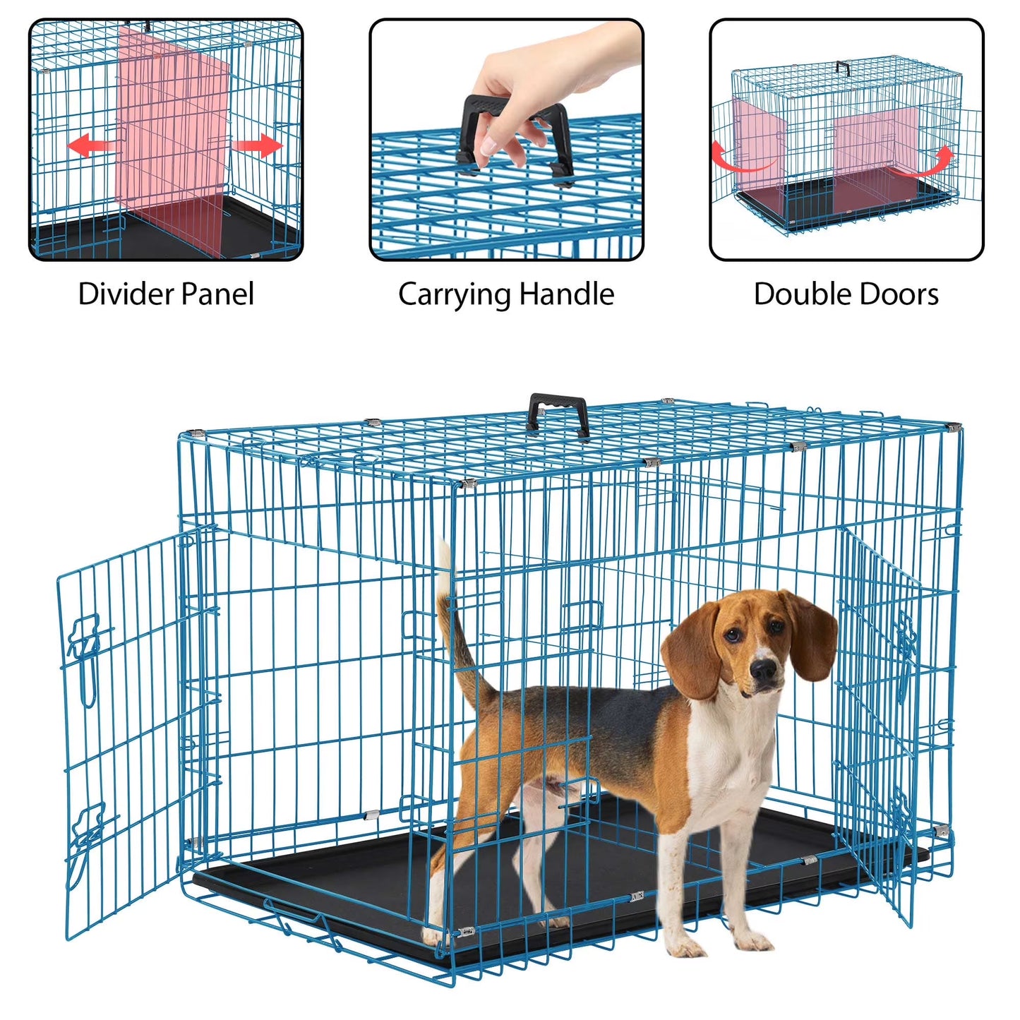 30 Inch Dog Crates, Dog Crates and Kennels Folding Mental Wire Crates Dog Kennels Outdoor and Indoor Pet Dog Cage Crate with Double-Door,Divider Panel, Removable Tray and Handle, Blue