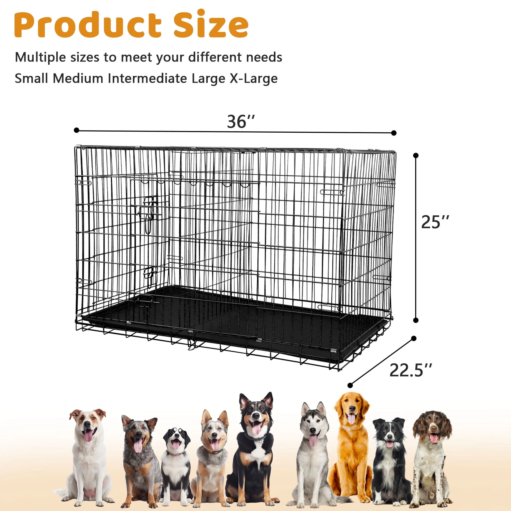 36 Inch Dog Crate, Dog Crates and Kennels Foldable Large Dog Crate for Large Dogs with Handle Double-Door Outdoor Metal Wire Dog Cage with Plastic Tray for Medium Dogs, Black