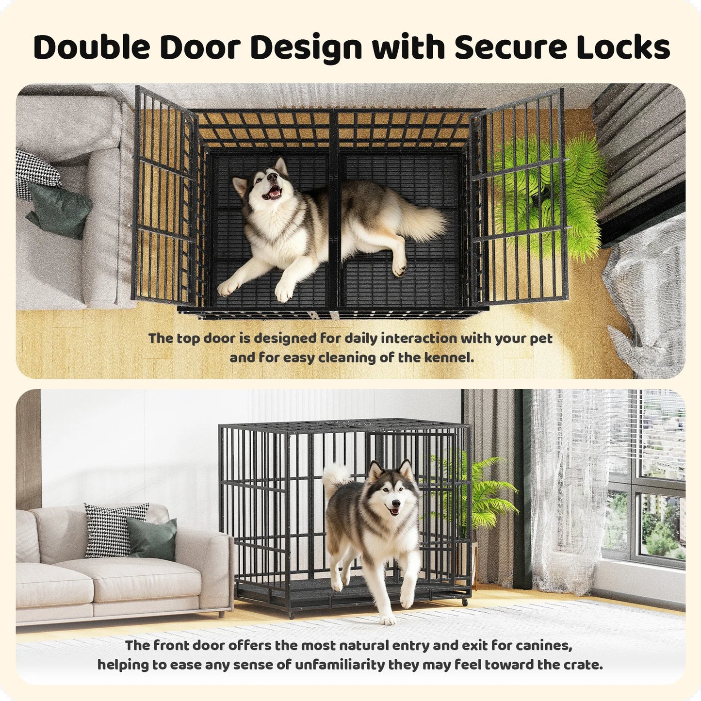 54 Inch Heavy Duty Indestructible Dog Crate Steel Escape Proof Dog Cage Kennel for Medium Large Dogs Indoor Double Door High Anxiety Dog Crate with Wheels, Lock& Removable Tray, Black