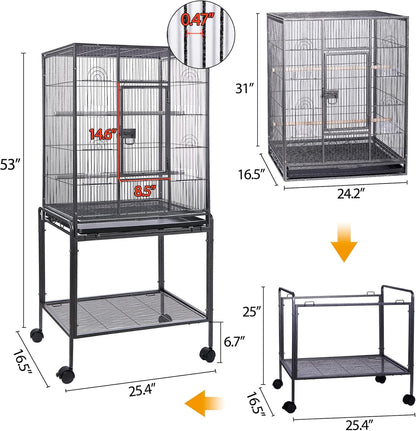 53 Inch Wrought Iron Large Bird Flight Cage with Rolling Stand | Bird Flight Cage Casters, Slide-Out Tray for African Grey Parrot Parakeets Canaries Parrot Cockatiels Lovebirds Conures