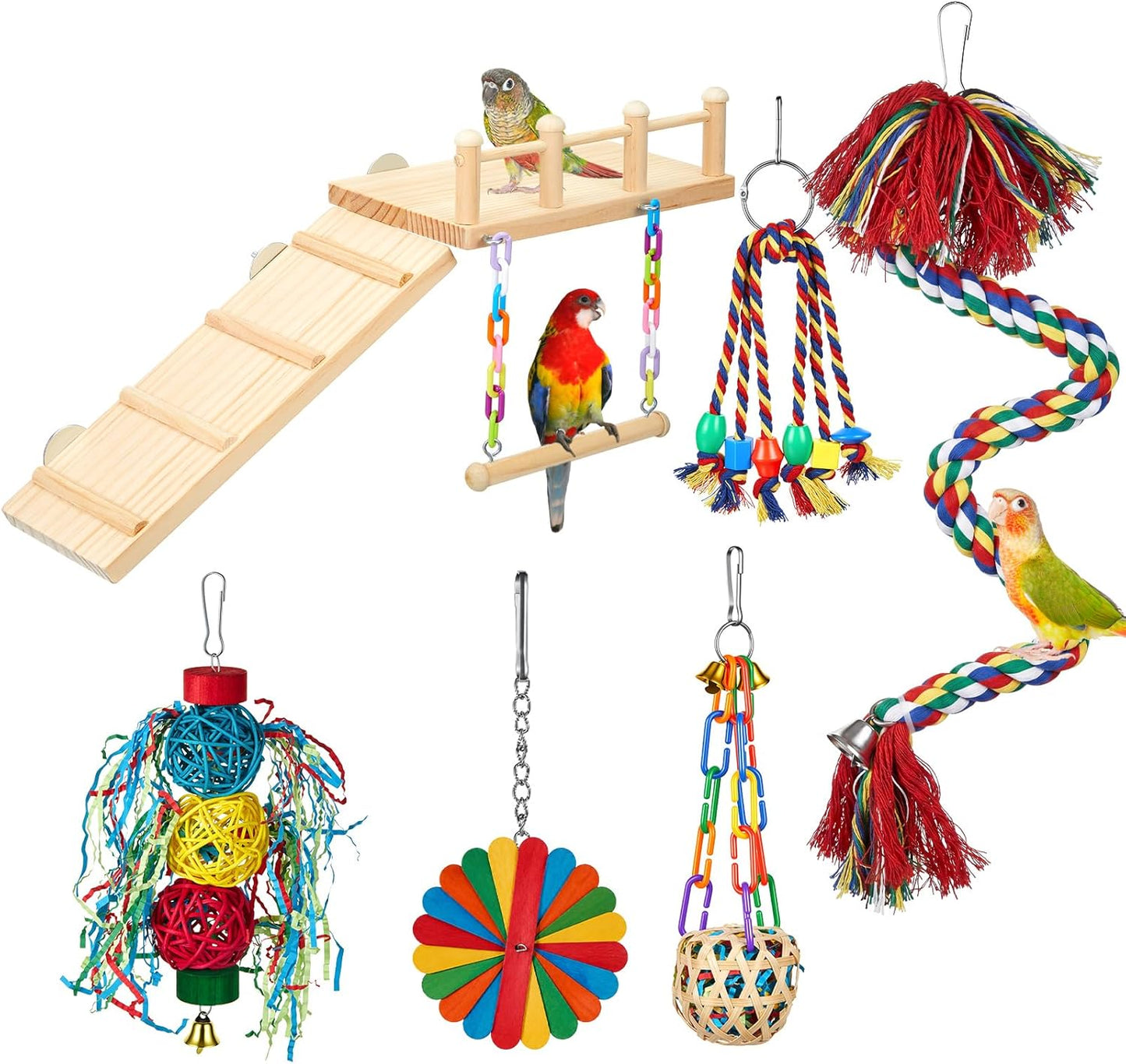 6 Pcs Parakeet Cockatiel Bird Toys,Interactive Style | Parrot Swing Chewing Hanging Toys, Colorful Parrots Cage Accessories, Chew & Climb Play Set, for Lovebirds, Finches, Budgies