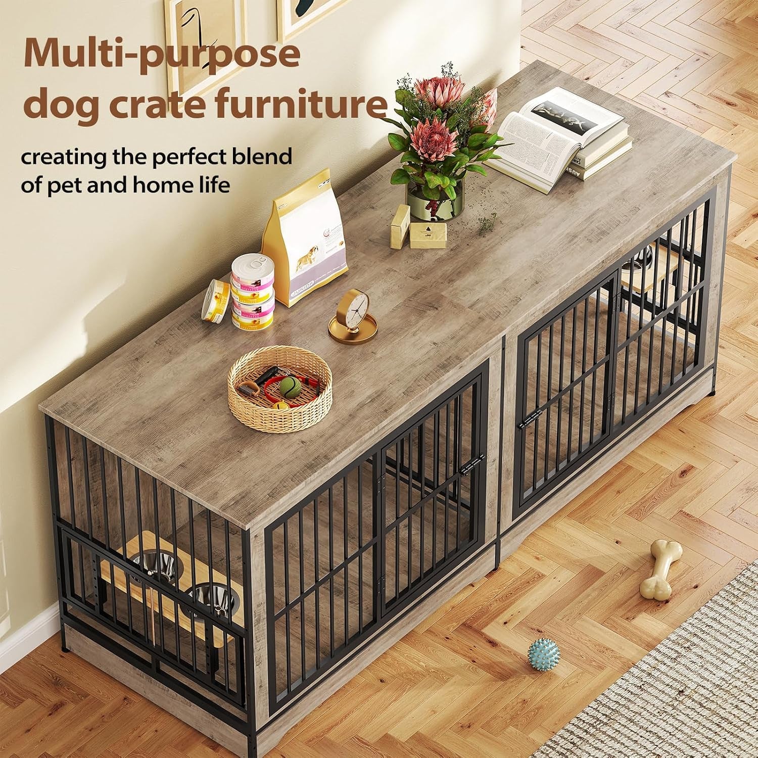 78 Double Dog Crate Furniture for 2 Large Dogs Indoor, Wooden Furniture Dog Crates with Dog Bowl, Dog Kennel Furniture TV Stand Large Breed Grey