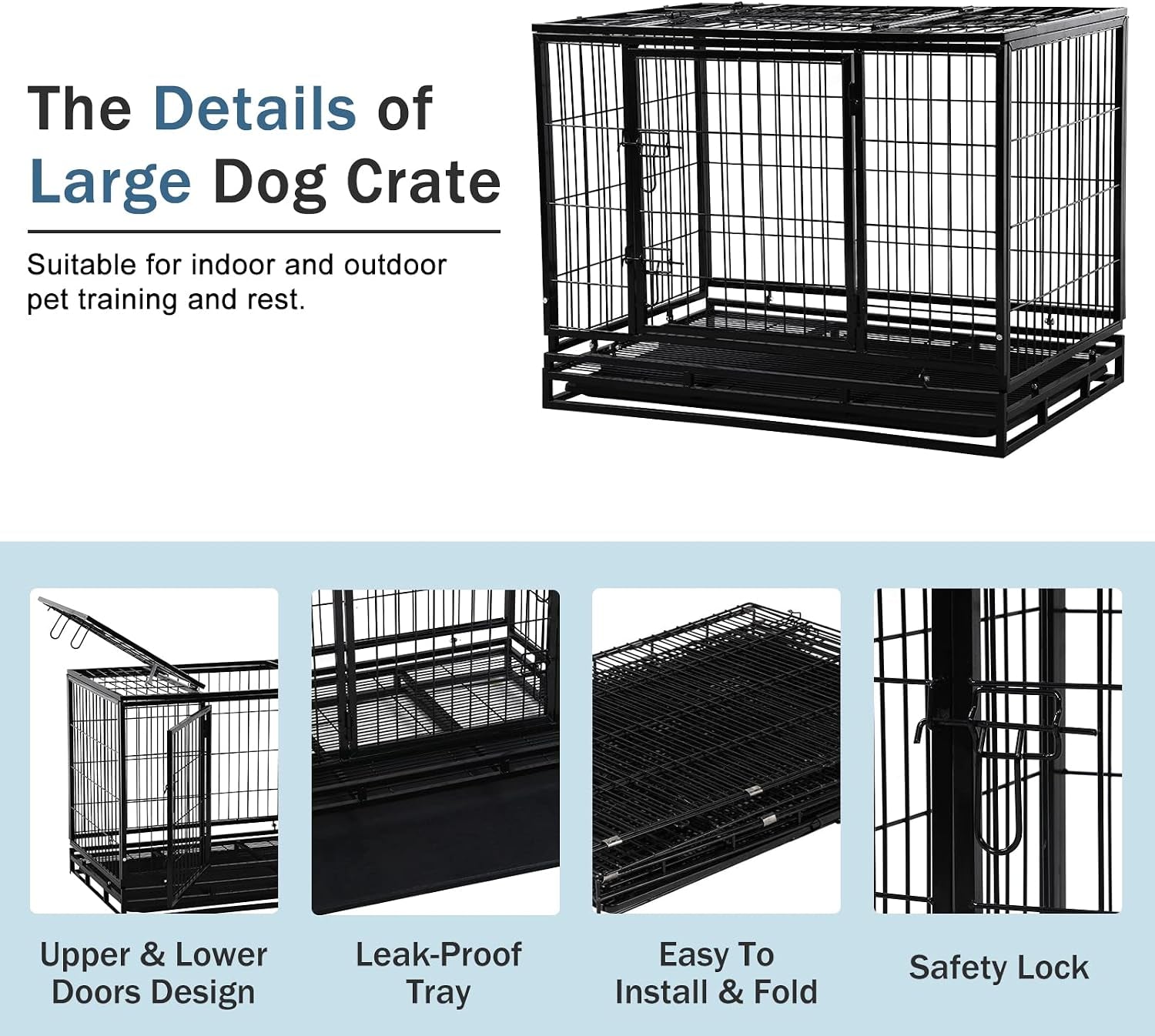 42'' Heavy Duty Dog Crate for Large Dogs Double Doors & Locks Design Escape Proof Strong Metal Dog Cage with Wheels, Indoor Large Dog Crate Heavy Duty Stackable Dog Kennel with Tray