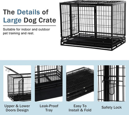 42'' Heavy Duty Dog Crate for Large Dogs Double Doors & Locks Design Escape Proof Strong Metal Dog Cage with Wheels, Indoor Large Dog Crate Heavy Duty Stackable Dog Kennel with Tray