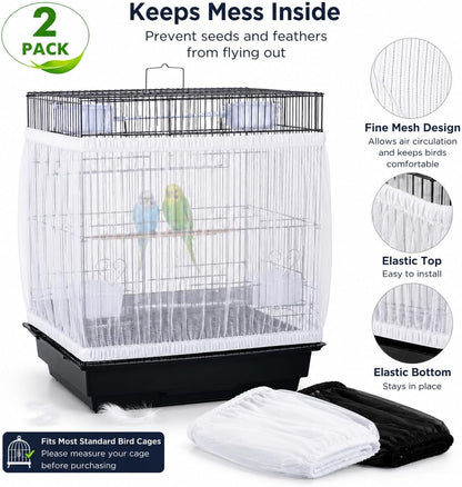 2 Pack Bird Cage Seed Catcher - Adjustable Bird Cage Skirt Cover with Breathable Mesh Netting, Universal Seed Catcher Net Cover Fit for Parrot Cage, Parakeet Cage, Large and Small Bird Cages | Black & White, Fits 55-100 in Circumference, 16 in High, Breathable Seed Guard for Parrot, Parakeet and Cockatiel Cages
