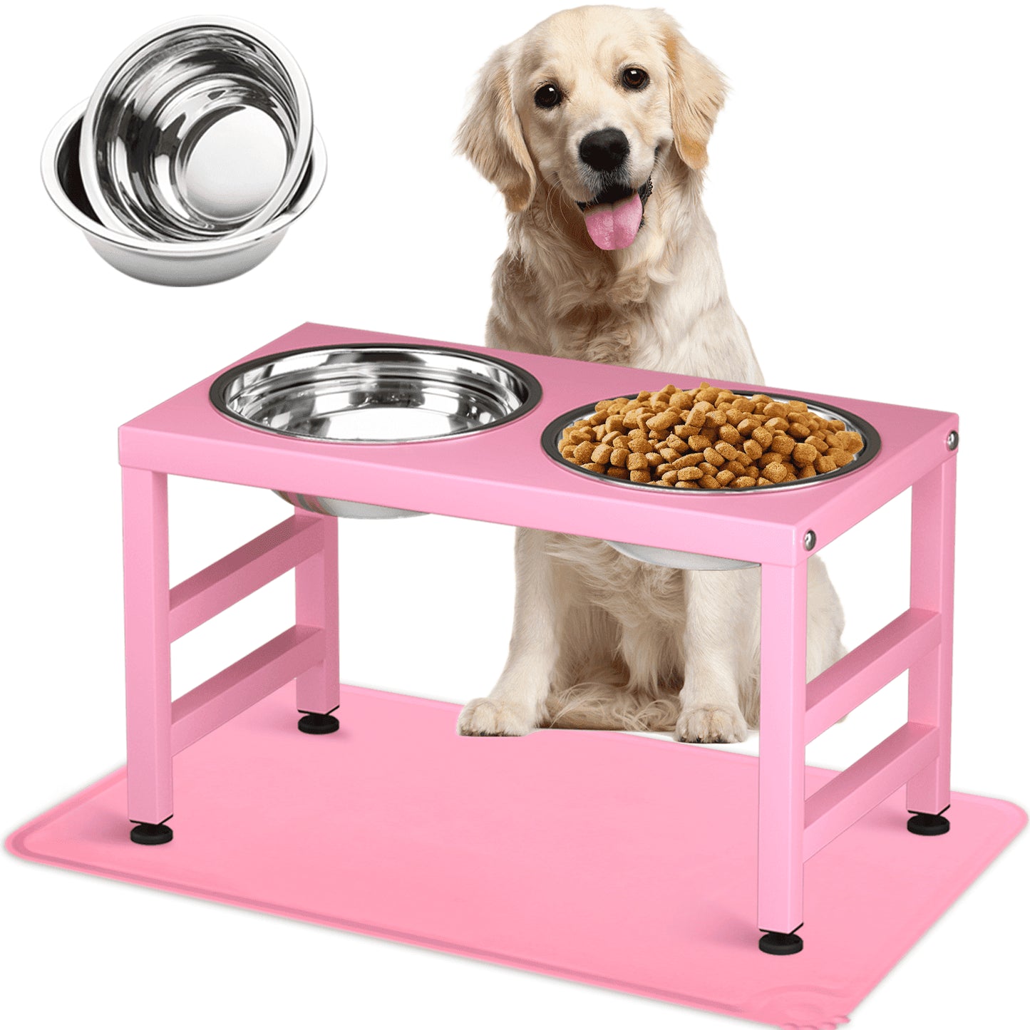 Pink Metal Raised Dog Bowl Stand for Large Dogs, Stronger Elevated Dog Bowls with Sprill Proof Mat, Dog Food & Water Bowls 10In Tall Dog Feeder (42Oz-Stainless Steel Dog Bowls, Mat-12X19 In)