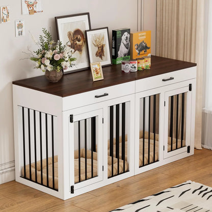 L-Shaped Corner Dog Crate Furniture Large Breed, 3 in 1 Corner Dog Crate Furniture, Wooden Dog Crate Kennel with 2Drawers,Divider,Power Outlet for Small,Medium,Large Dogs