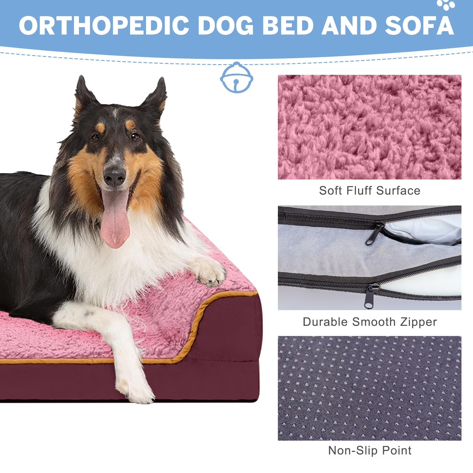 Dog Bed for Large Medium Small Dogs Orthopedic Dog Sofa Bed Non Slip Pet Couch with Removable Washable Cover Supportive Egg Crate Foam S to XL, Wine Red and Pink