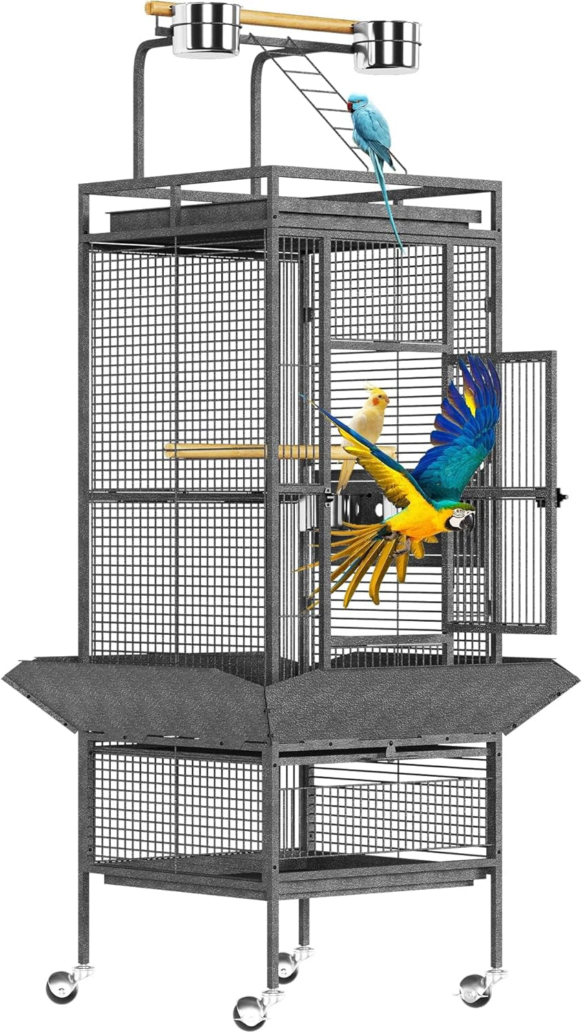61In Large Bird Cage, Metal Bird Cage with Bird Playground, Rolling Parrot Cage with Feeding Accessories, Large Parakeet Cage for Parrots, Parakeets, Conures, Parrot, Black