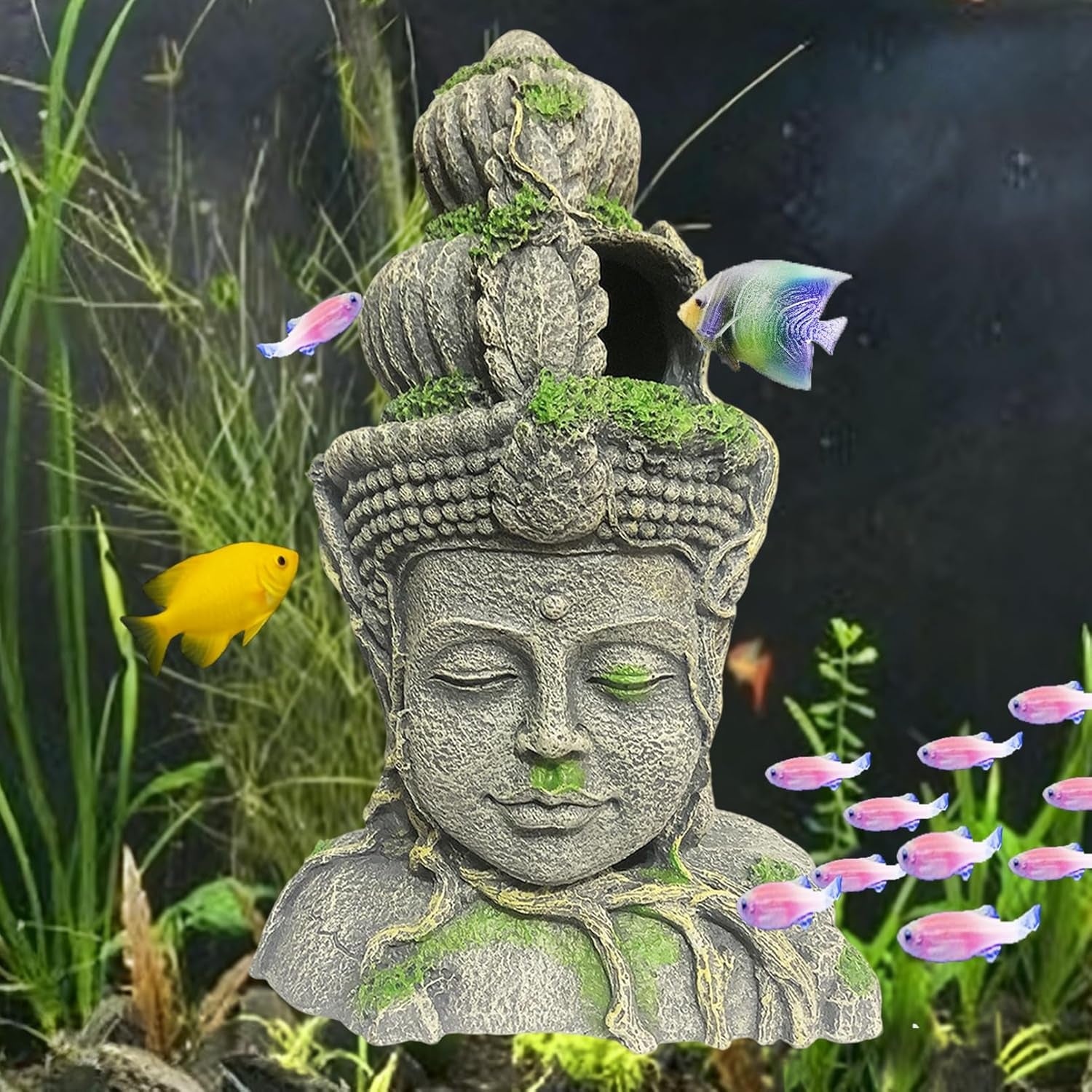 Aquarium Buddha Head Statue Decor Betta Resin Hideout Cave Fish Tank Accessories Sleep Rest Conceal Breed for Fish Shrimp Reptile Amphibian (1 PCS)