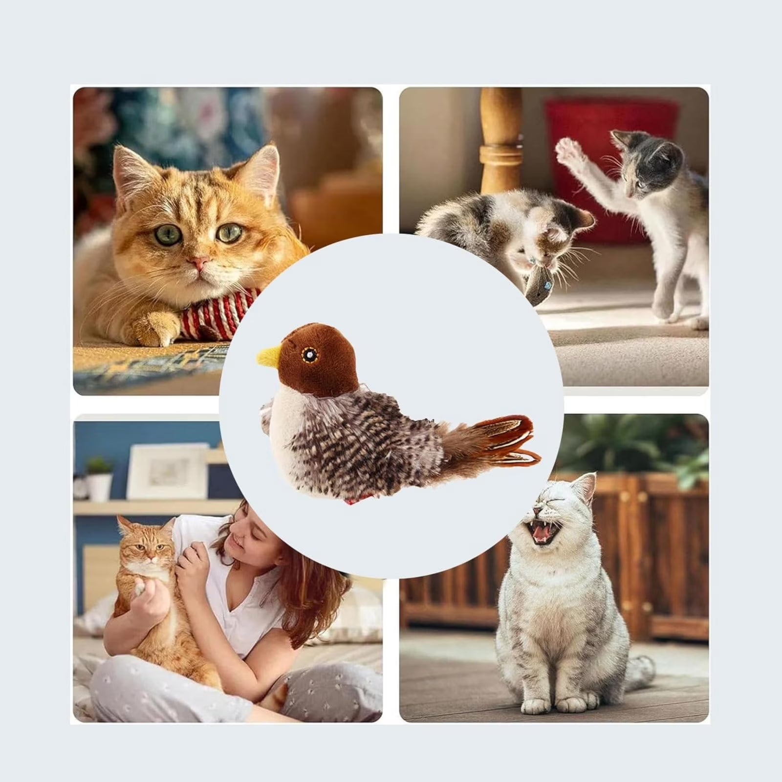 Interactive Chirping Bird Cat Toy，Automatic Chirping Flying Bird Cat Toy,Flapping Bird Cat Toy with Feather Tail,Chirping Bird Cat Toy Flapping Wings with Melody Chaser