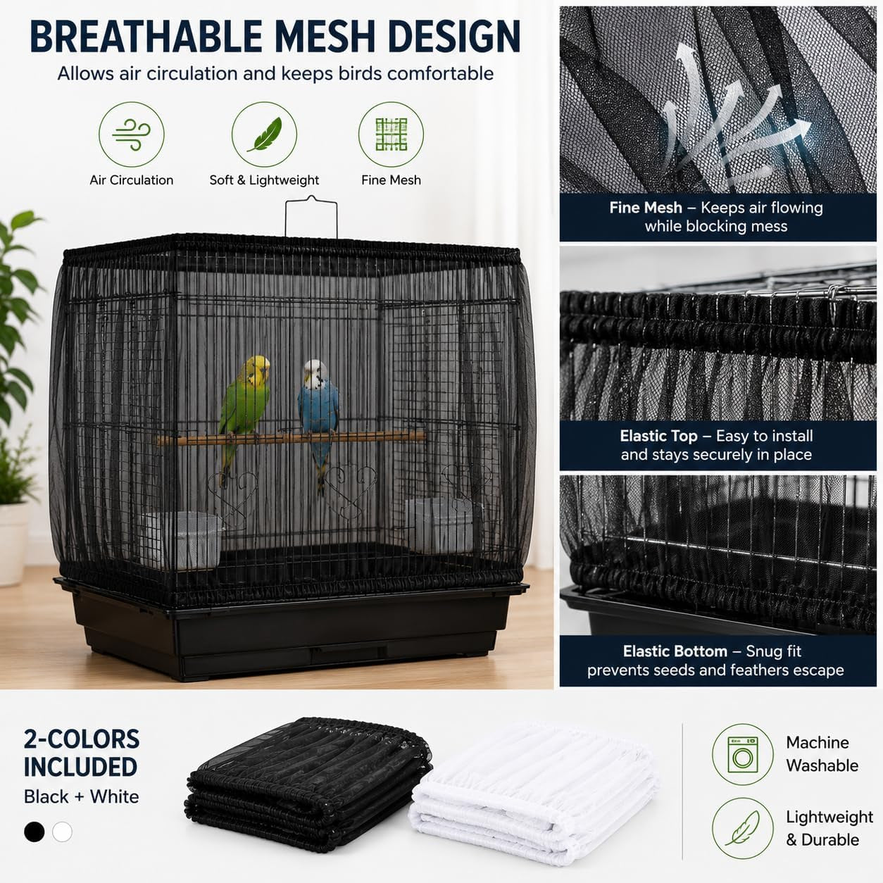 2 Pack Bird Cage Seed Catcher - Adjustable Bird Cage Skirt Cover with Breathable Mesh Netting, Universal Seed Catcher Net Cover Fit for Parrot Cage, Parakeet Cage, Large and Small Bird Cages | Black & White, Fits 55-100 in Circumference, 16 in High, Breathable Seed Guard for Parrot, Parakeet and Cockatiel Cages