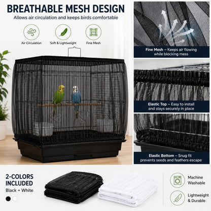 2 Pack Bird Cage Seed Catcher - Adjustable Bird Cage Skirt Cover with Breathable Mesh Netting, Universal Seed Catcher Net Cover Fit for Parrot Cage, Parakeet Cage, Large and Small Bird Cages | Black & White, Fits 55-100 in Circumference, 16 in High, Breathable Seed Guard for Parrot, Parakeet and Cockatiel Cages
