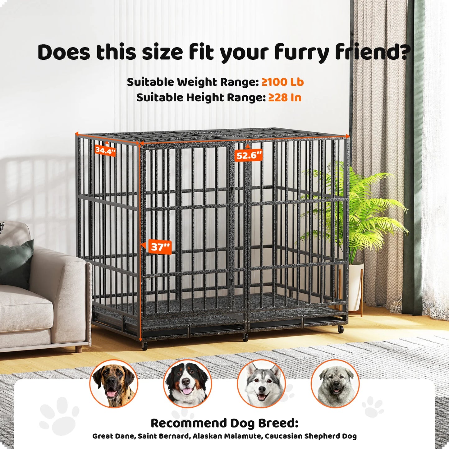 54 Inch Heavy Duty Indestructible Dog Crate Steel Escape Proof Dog Cage Kennel for Medium Large Dogs Indoor Double Door High Anxiety Dog Crate with Wheels, Lock& Removable Tray, Black