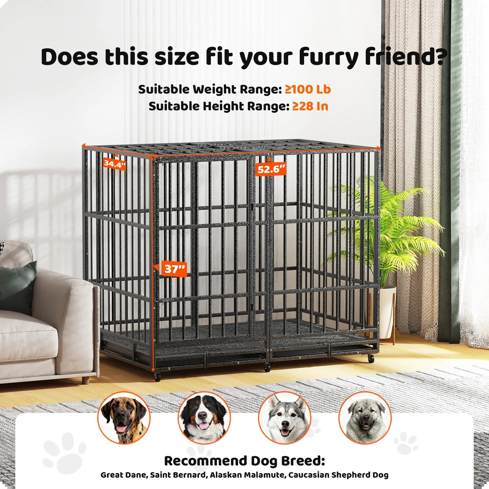 54 Inch Heavy Duty Indestructible Dog Crate Steel Escape Proof Dog Cage Kennel for Medium Large Dogs Indoor Double Door High Anxiety Dog Crate with Wheels, Lock& Removable Tray, Black