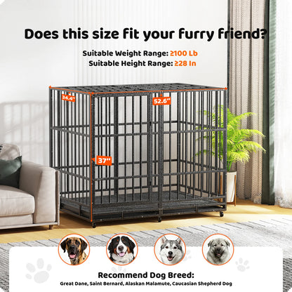 54 Inch Heavy Duty Indestructible Dog Crate Steel Escape Proof Dog Cage Kennel for Medium Large Dogs Indoor Double Door High Anxiety Dog Crate with Wheels, Lock& Removable Tray, Black