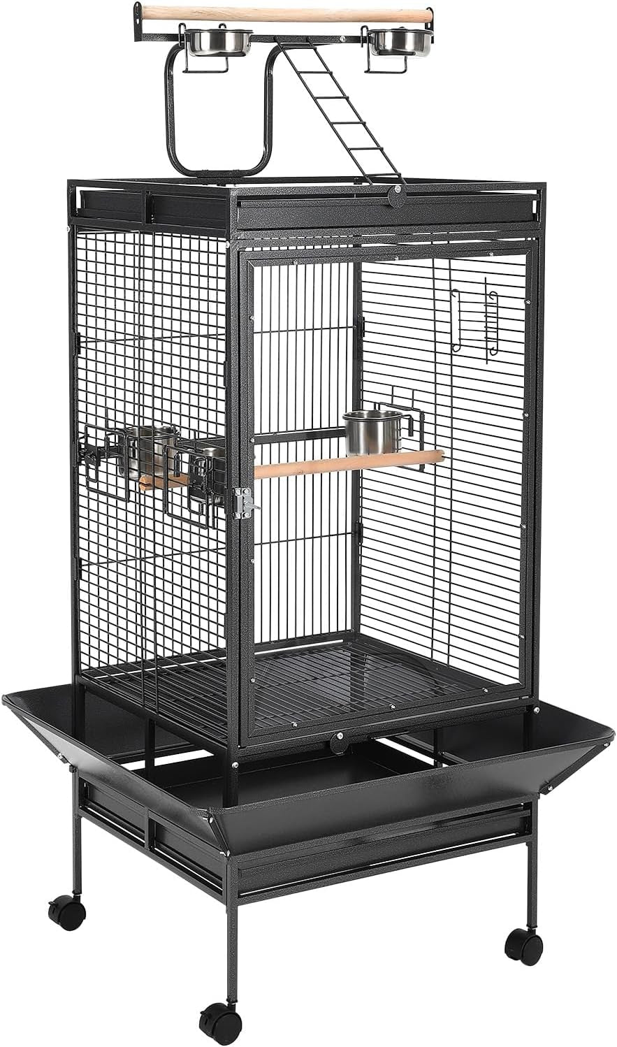 64.4” Large Parrot Cage for Birds, Heavy Duty Metal Aviary with Acrylic Door, Stainless Steel Bowls, 360° Wheels & Play Top for Cockatoos, African Greys (Black)
