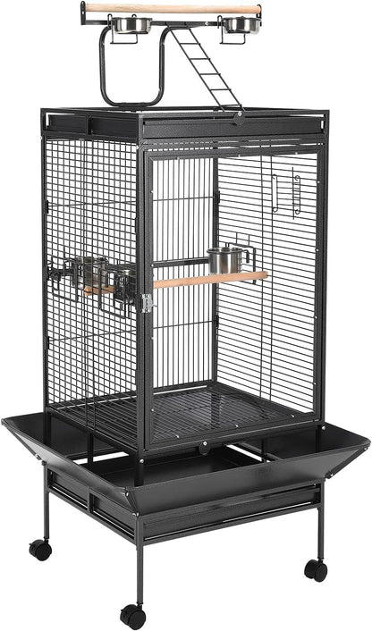 64.4” Large Parrot Cage for Birds, Heavy Duty Metal Aviary with Acrylic Door, Stainless Steel Bowls, 360° Wheels & Play Top for Cockatoos, African Greys (Black)