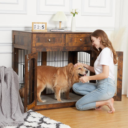 Dog Crate Furniture with Double Drawers, Wooden End Table Dog Kennel, Furniture Style Wood House Crate for Large Dogs, Decorative Dog Crate with Storage for Large Breed, 40 Inch Retro