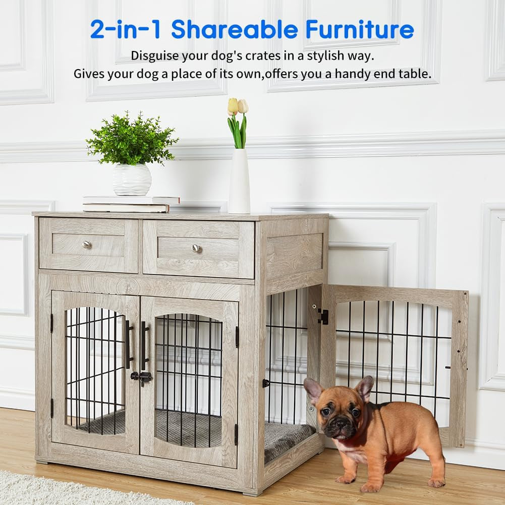Dog Crate Furniture with Double Drawers, Wooden End Table Dog Kennel, Furniture Style Wood House Crate for Small/Medium/Large Dogs, Decorative Dog Crate with Storage for Large Breed, 32 Inch,Gray