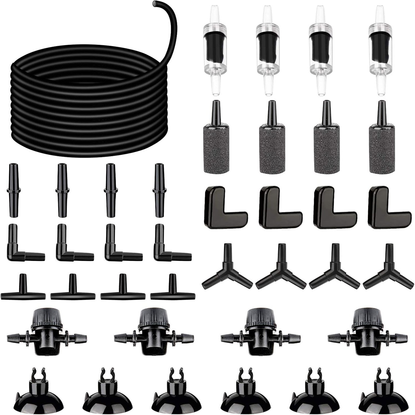 26.6 Feet Black Aquarium Soft Airline Tubing Hose Standard with 4 Air Stones,4 Air Value Controller,4 Check Valves, 6 Suction Cups and 16 in Total for I,L,T,Y Shape Connectors