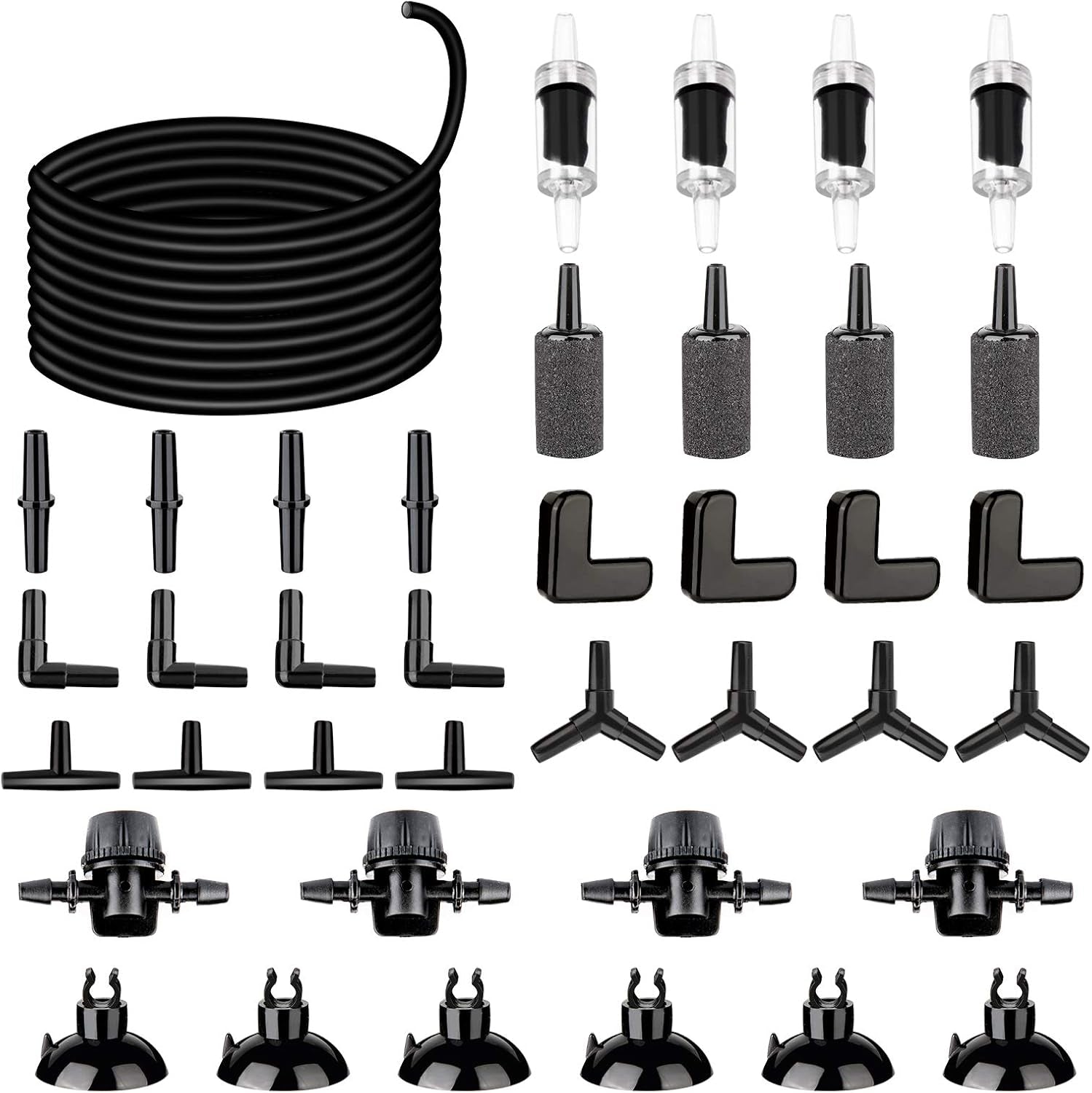 26.6 Feet Black Aquarium Soft Airline Tubing Hose Standard with 4 Air Stones,4 Air Value Controller,4 Check Valves, 6 Suction Cups and 16 in Total for I,L,T,Y Shape Connectors