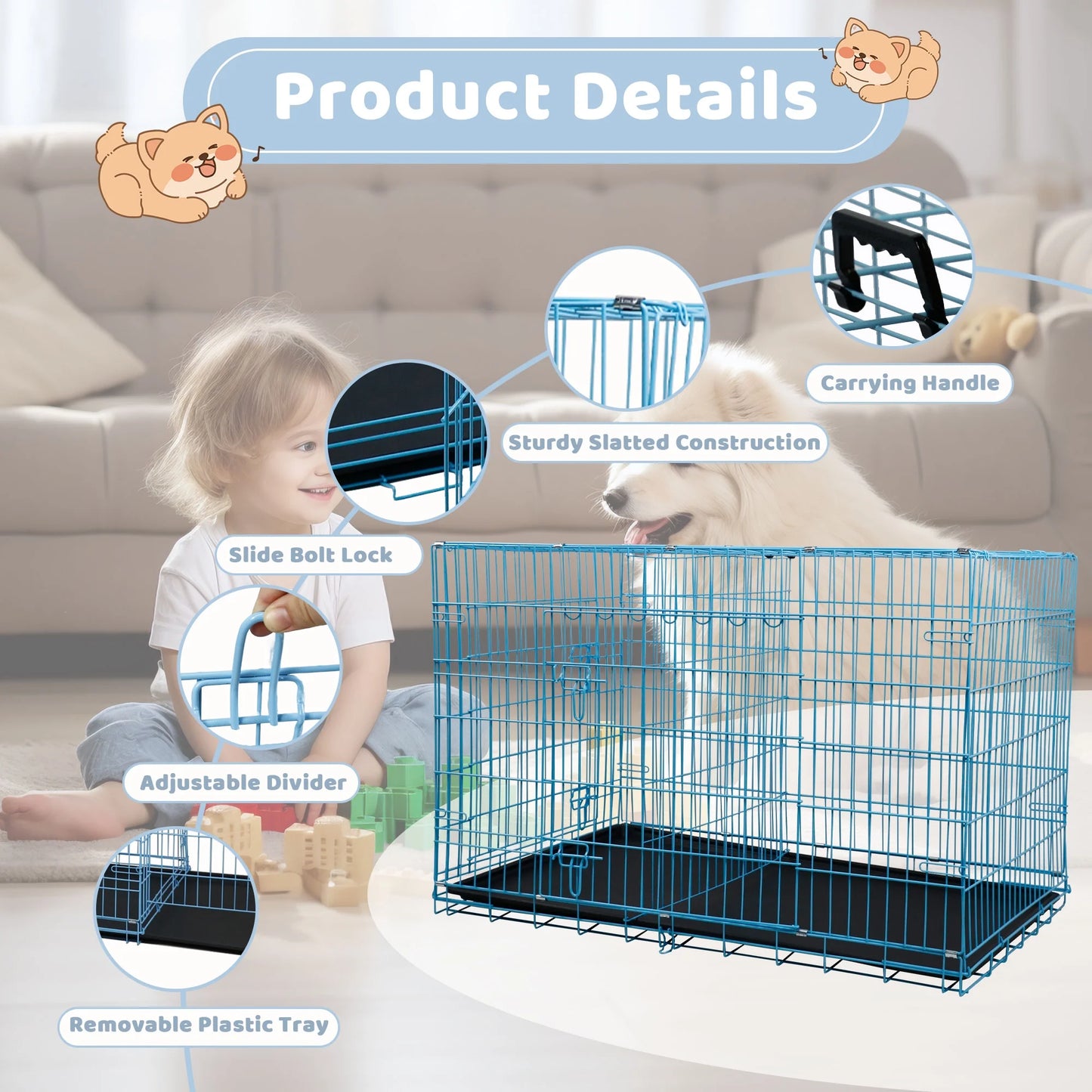 30 Inch Dog Crates, Dog Crates and Kennels Folding Mental Wire Crates Dog Kennels Outdoor and Indoor Pet Dog Cage Crate with Double-Door,Divider Panel, Removable Tray and Handle, Blue