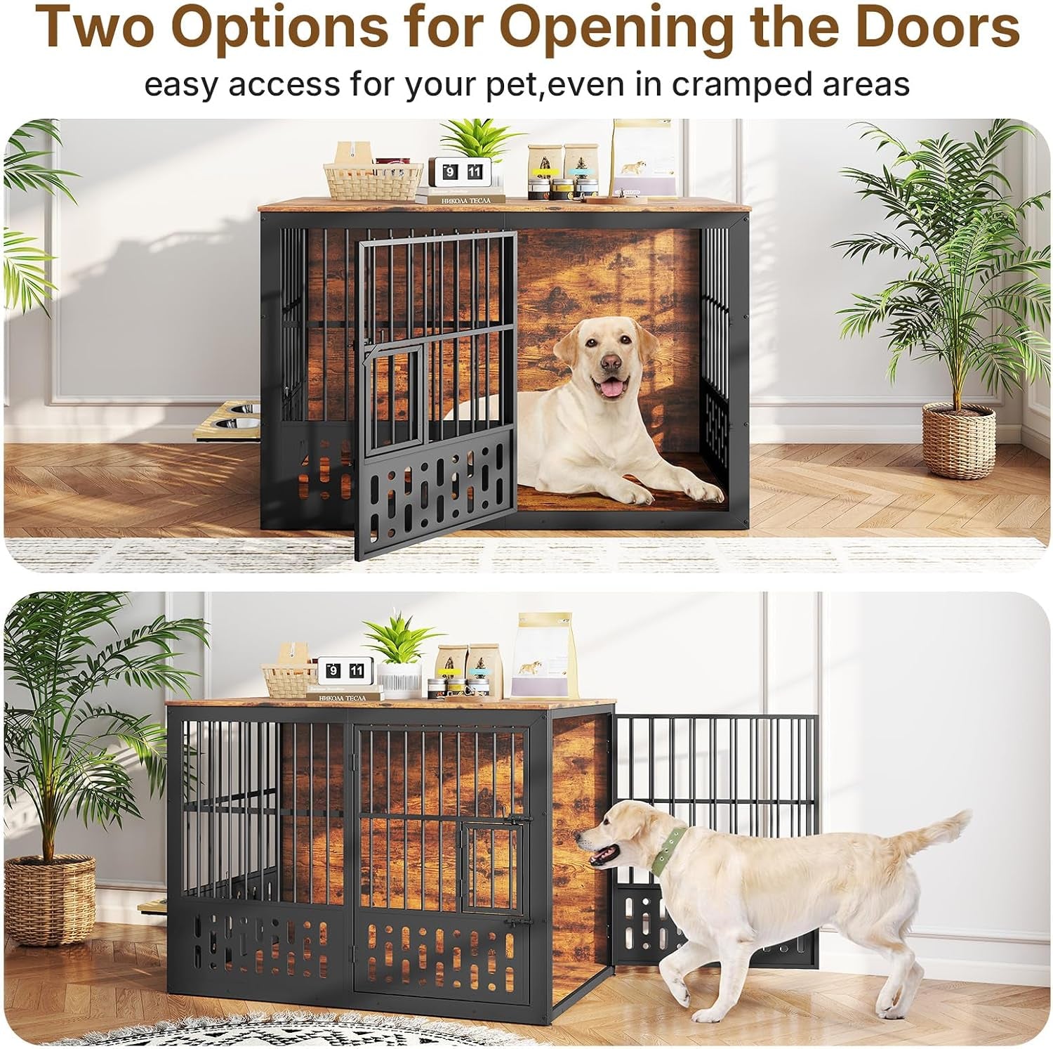 48 Inch Dog Crate Furniture, Wooden Dog Cage Furniture with Window and Adjustable Dogs Bowls 360° Rotatable, Heavy Duty XL Kennel Indoor as End Table, Brown
