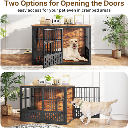 48 Inch Dog Crate Furniture, Wooden Dog Cage Furniture with Window and Adjustable Dogs Bowls 360° Rotatable, Heavy Duty XL Kennel Indoor as End Table, Brown