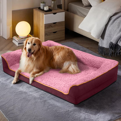 Dog Bed for Large Medium Small Dogs Orthopedic Dog Sofa Bed Non Slip Pet Couch with Removable Washable Cover Supportive Egg Crate Foam S to XL, Wine Red and Pink
