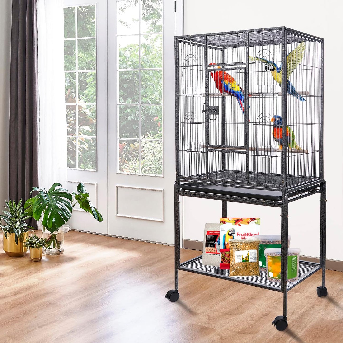 53 Inch Wrought Iron Large Bird Flight Cage with Rolling Stand | Bird Flight Cage Casters, Slide-Out Tray for African Grey Parrot Parakeets Canaries Parrot Cockatiels Lovebirds Conures