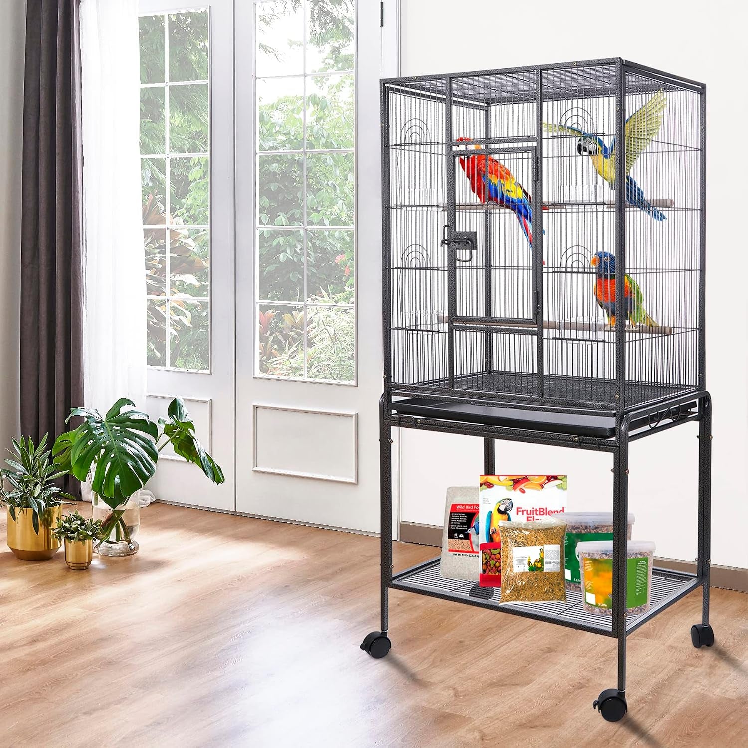 53 Inch Wrought Iron Large Bird Flight Cage with Rolling Stand | Bird Flight Cage Casters, Slide-Out Tray for African Grey Parrot Parakeets Canaries Parrot Cockatiels Lovebirds Conures