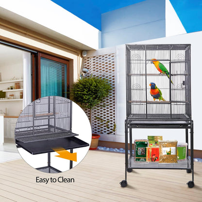 53 Inch Wrought Iron Large Bird Flight Cage with Rolling Stand | Bird Flight Cage Casters, Slide-Out Tray for African Grey Parrot Parakeets Canaries Parrot Cockatiels Lovebirds Conures